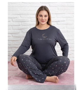 Pijamoni Kadın Milan Büyük Beden Bisiklet Yaka Uzun Kol İnce Pijama Takımı 7666/30 - 1 Adet (Füme)