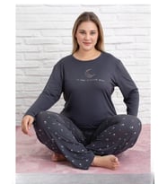 Pijamoni Kadın Milan Büyük Beden Bisiklet Yaka Uzun Kol İnce Pijama Takımı 7666/30 - 1 Adet (Füme)