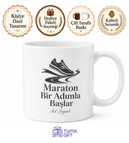 Maraton Bir Adımla Başlar Yazılı Baskılı Kupa Bardak Motivasyon Hediye