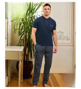 Pijamoni Erkek Düğme Yaka Kısa Kol  Pijama Takımı 6850/10 - 1 Adet (Lacivert)