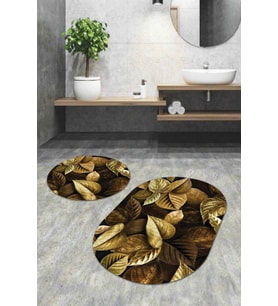 Gold Yaprak Desen Banyo Halısı Klozet Oval Paspas Seti BS086