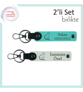 Mırlayan Dinginlik Temsilcisi, Kedili Desen, Kişisel Yazılı Anahtarlık, Turkuaz-Beyaz