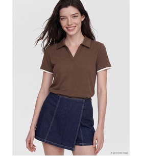 LCW Comfort Kahverengi Polo Yaka Kadın Tişört