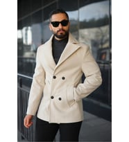 Premium Kruvaze Orta Boy Kaşe Kaban (Krem)