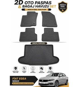 Fiat Egea Sedan 2D Oto Paspas ve Bagaj Havuzu Seti Araca Özel Kauçuk Kolay Temizlenir Kaymaz Siyah