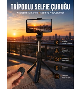 Selfie Çubuğu Tripod Kumandalı Telefon Tutucu Siyah