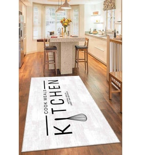 Beyaz Kaymaz Tabanlı Kitchen Yazılı Mutfak Halısı AR798