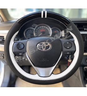 Toyota Corolla E170 Dikme Direksiyon Kılıfı Parlak Siyah Beyaz Detaylı Beyaz Çift Yüzük ve Dikiş 2013-2019