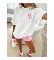 Fiyonk Baskılı Oversize Bisiklet Yaka T-shirt - Beyaz