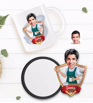 BK Gift Kişiye Özel Barista Karikatürlü Beyaz Kupa ve Ahşap Bardak Altlığı Hediye Seti-1