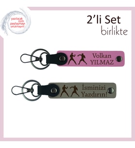 Teknik Dövüşen Ruhlara, İsme Özel Yazılı 2’li Anahtarlık, Akıl ve Gücü Buluşturan Hediye, Pembe-Gri