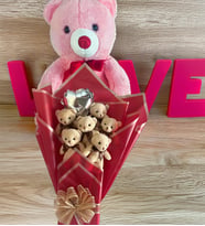 Premium 35 cm Peluş Ayı ve Romantik Balonlu Sütlü Kahve Peluş Ayıcık Buketi (Pembe)