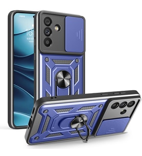 Samsung Galaxy A56 Kılıf Yüzüklü Standlı Sürgülü Kamera Korumalı Tank Sert Silikon Kapak (Mavi)