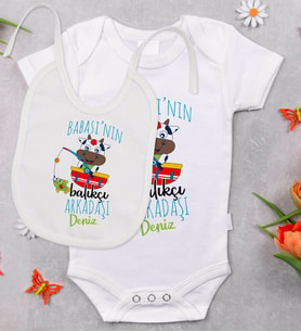 BK Kids Kişiye Özel Babasının Balıkçı Arkadaşı Tasarımlı Bebek Body Zıbın ve Mama Önlüğü Hediye Seti - Model 1