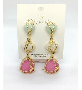 Pembe Renk Taş ve Gold Plakalı Küpe( 8 cm)