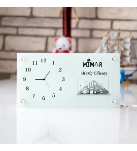 Mimara Özel Hediye Cam Masa Saati ve Ofis İsimliği