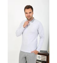 pilelistore- Erkek Polo Yaka Uzun Kol Penye Pijama Takımı Gri