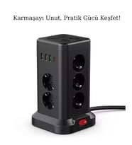 11’li Çoklu Priz Kulesi – Akım Korumalı, 3 USB-A + 1 Type-C Girişli, Anahtarlı ve Hızlı Şarj Özellikli