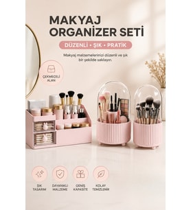 Pembe Çekmeceli Makyaj Organizer, 360° Dönebilen ve Fırça Düzenleyici Set