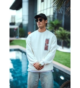 Uzun Kol Bisiklet Yaka Ön Ve Arka Baskılı SweatShirt - Beyaz