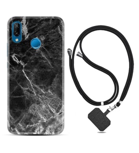 Huawei P20 Lite Mate 10 20 Lite Pro P40 Lite KılıfBoyun Askılı Silikon Kara Mermer 1375