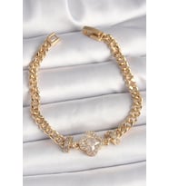 Pirinç Gold Renk Zirkon Taşlı Yonca Figür Zincir Model Kadın Bileklik 5886 - SSSSSS8161-2155