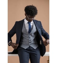 Carutte Slimfit Sivri Yaka Çift Pileli Dokulu Kumaş Yelek Kombinli Takım Elbise (Lacivert)