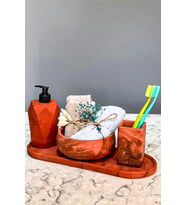 betonmall 4'lü Terracotta Serisi Mermer Desenli Beton Banyo Seti Tuvalet Wc Sıvı Sabunluk Diş Fırçalığı Takımı