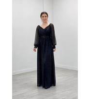 Simli Kumaş Kemerli Abiye Elbise - SİYAH