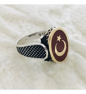 Ay Yıldız Türk Bayraklı 925 Ayar Gümüş Erkek Yüzük