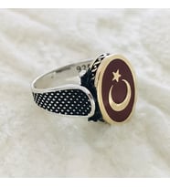 Ay Yıldız Türk Bayraklı 925 Ayar Gümüş Erkek Yüzük