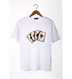 Erkek Beyaz İskambil Kağıdı Baskılı Bisiklet Yaka Oversize T-Shirt 22Y-3400762-2