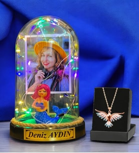 Kişiye Özel Renkli Led Işıklı Fanus ve Renkli Zümrüdü Anka Kuşu Kolyesi (Model 3)