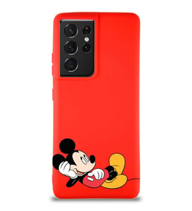 Samsung Galaxy S21 Ultra Soft Premier Kapak Mickey Mouse-F Tasarımlı Silikon Kılıf - Kırmızı (Şeffaf)