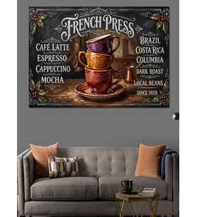 French Press Ve Kahve Çeşitleri Pano Dekoratif Kanvas - Mdf Ahşap Tablo