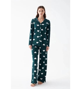 Giyim Kadın Zümrüt Yeşili Kalp Desenli Düğmeli Pamuklu Pijama Takımı