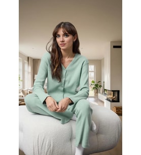 Kadın Kaşkorse Örme Pijama Takımı Kış Mevsimi İçin Rahat Uyku Günlük Kullanım (Mint)