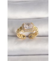 Pirinç Gold Renk Zincir Model Kare Zirkon Taşlı Kadın Yüzük (Altın)