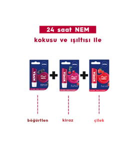 NIVEA Dudak Kremi 3ü Bir Arada + Çilekli 4,8 gr + Böğürtlen 4,8 gr + Kiraz 4,8 gr