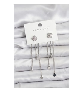 Mey İthalat® Pirinç Gümüş Renk Yonca Model Sallantılı Kadın Küpe