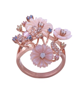 Pembe-Krem Çiçekli Rose Gold Gümüş Yüzük 6.1 Gr