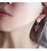 El Yapımı Murano Camı Üzüm Sallantılı Altın Kaplama Yaprak Küpe
