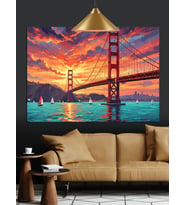Altın Kapı Köprüsü (Golden Gate Bridge) ve Gün Batımı Dekoratif Kanvas - Mdf Ahşap Tablo