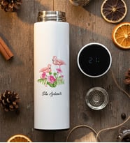 Kişiye Özel Flamingo Filtreli Dijital Göstergeli Termos Sevgililer Günü Hediyesi (Beyaz)