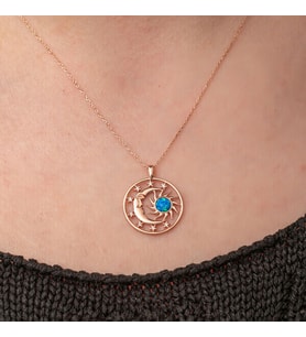 Rose Opal Beyaz Taşlı Ay Yıldız 925 Ayar Gümüş Kadın Kolye