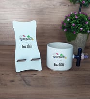 Bankacı Hediye Sepeti Kupa Bardak T Kulplu ve Ahşap Telefon Standı Bankacıya Hediye Bankacılar Günü Hediyesi (Model 2)