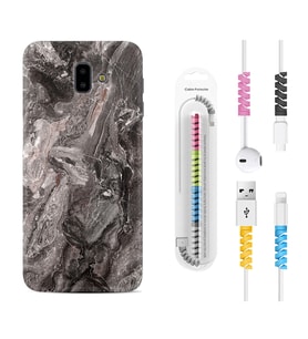 Samsung J6 Plus J7 Prime J7 Pro M20 Kılıf Kablo Koruma Spiral Silikon Gri Mermer 1376