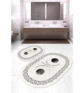Dijital Baskılı Kaymaz Taban Yıkanabilir Oval 2'li Klozet Takımı Banyo Paspası NOKZ-SD-1067 (Krem)