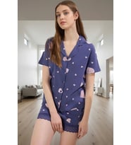 Kadın Kalpli Desenli Pamuklu Kısa Kollu Pijama Takımı Rahat Kullanım Premium Kalite (Mavi)