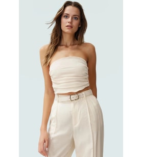 Fitted Straplez Crop Bluz Esnek Örme Kumaş Günlük Stil Özel Tasarım Konforlu Kesim Mükemmel Uyum (Taş)